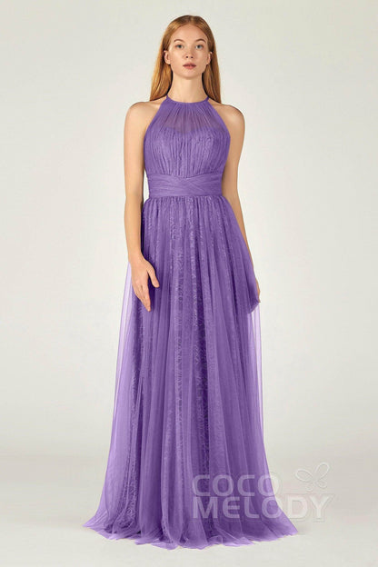 A-Line Floor Length Tulle Lace Bridesmaid Dress CB0377