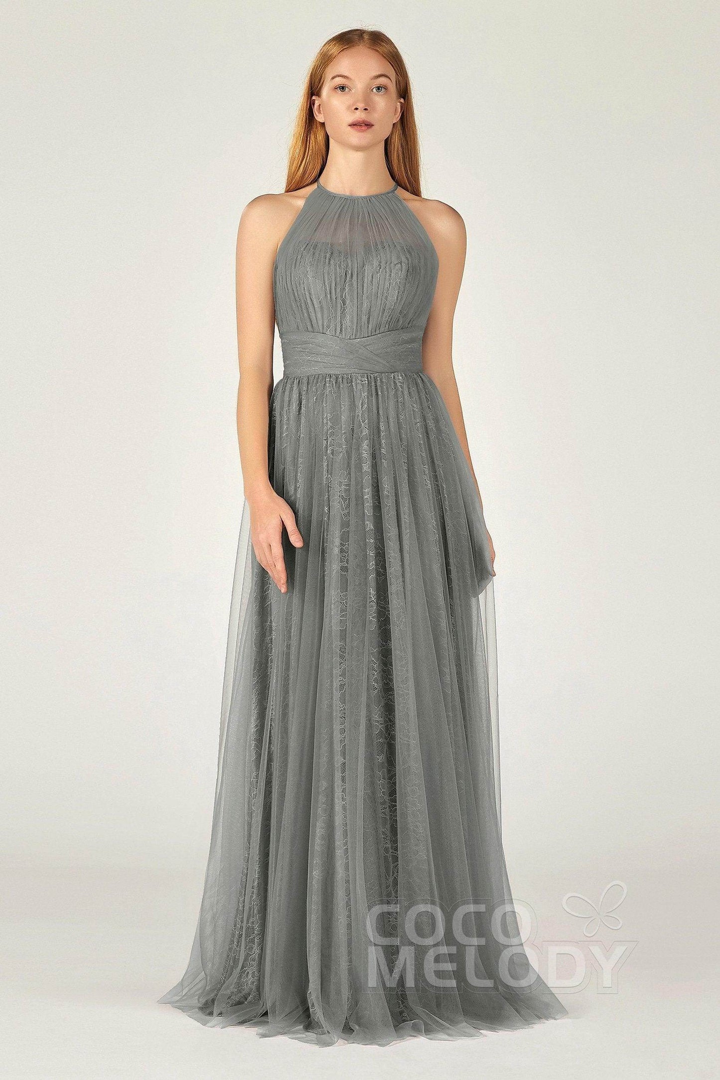 A-Line Floor Length Tulle Lace Bridesmaid Dress CB0377