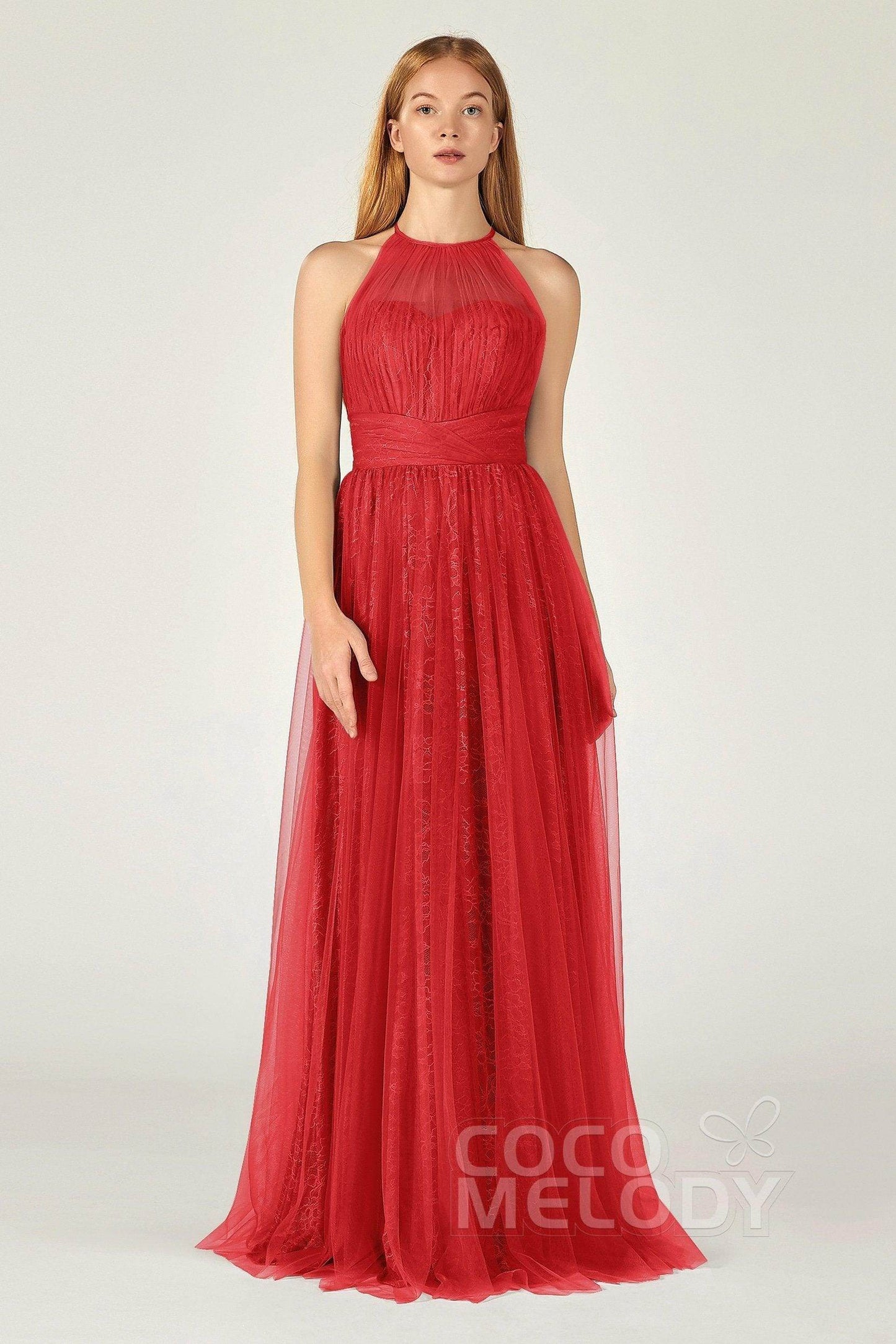 A-Line Floor Length Tulle Lace Bridesmaid Dress CB0377