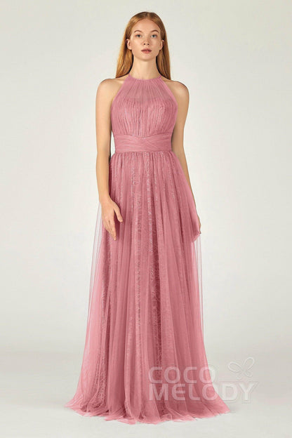 A-Line Floor Length Tulle Lace Bridesmaid Dress CB0377