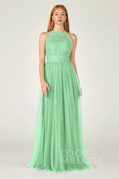 A-Line Floor Length Tulle Lace Bridesmaid Dress CB0377