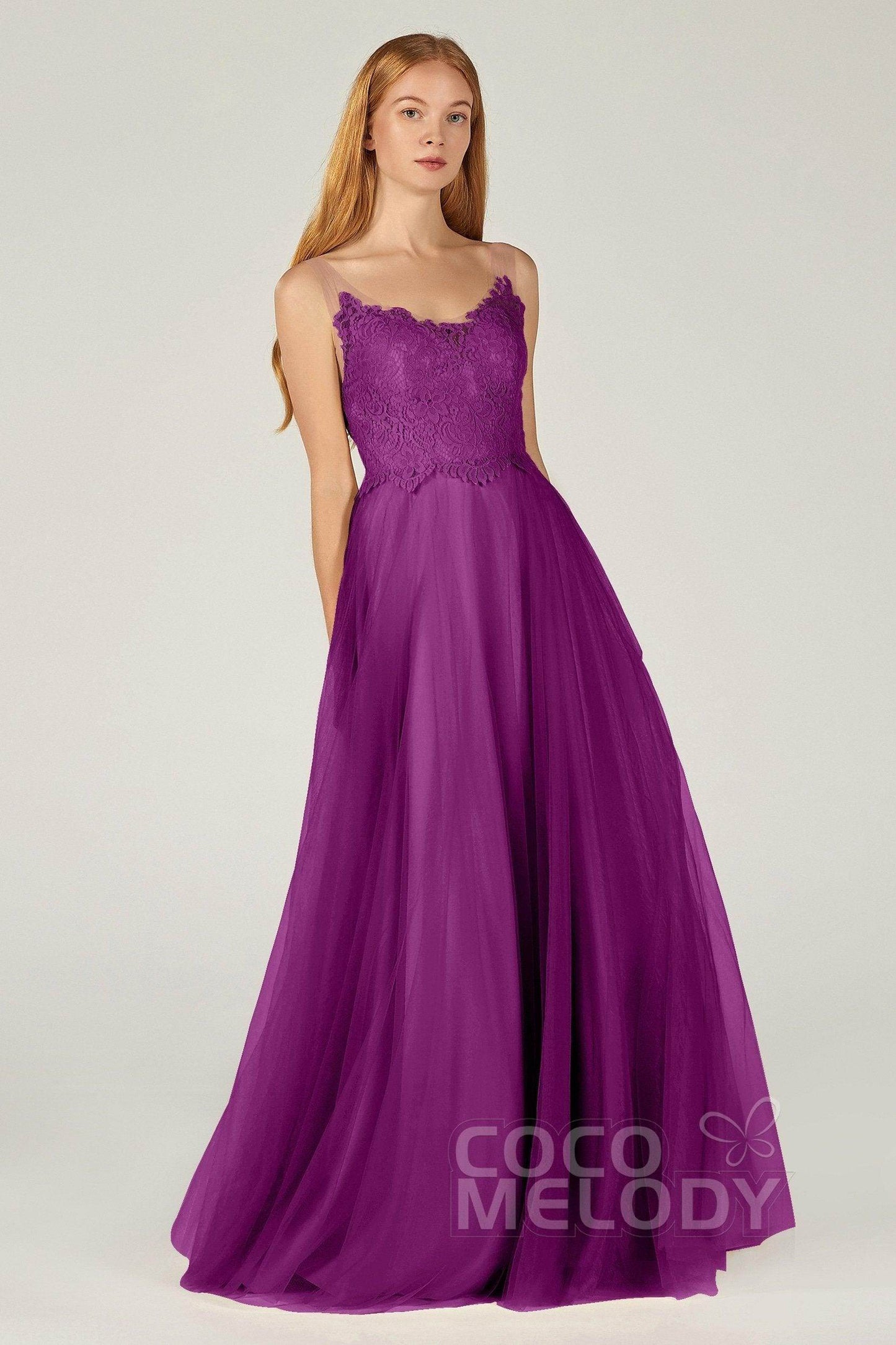 A-Line Floor Length Tulle Lace Bridesmaid Dress CB0378