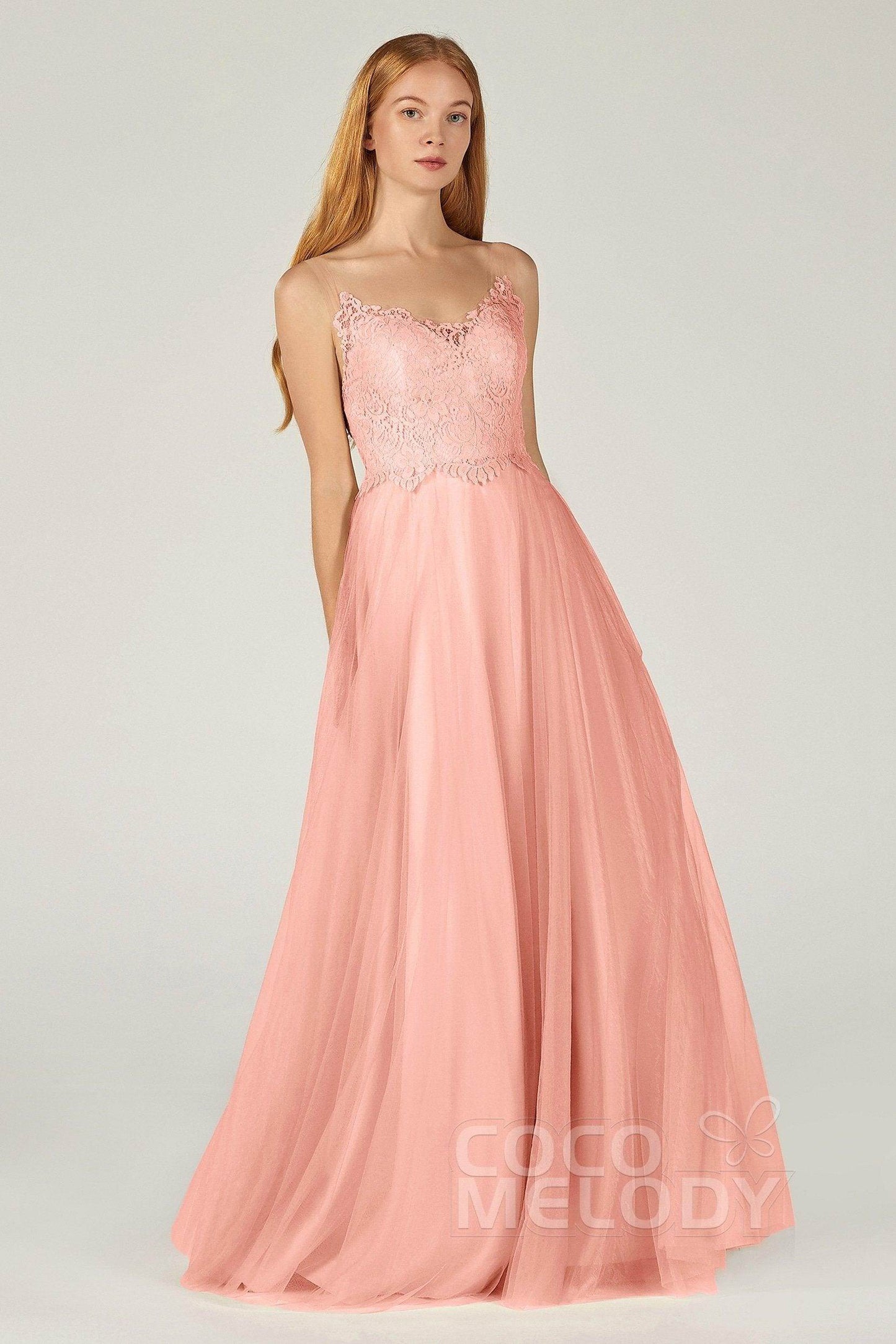 A-Line Floor Length Tulle Lace Bridesmaid Dress CB0378