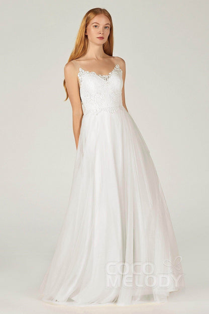 A-Line Floor Length Tulle Lace Bridesmaid Dress CB0378