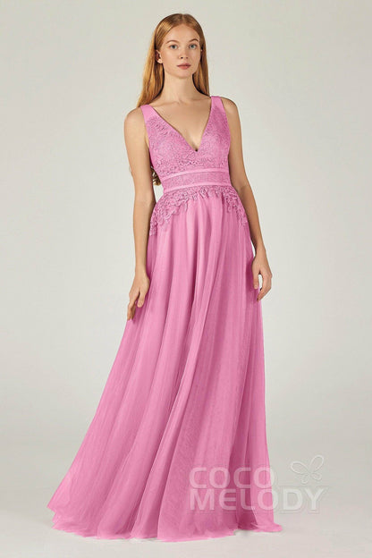 A-Line Floor Length Tulle Lace Bridesmaid Dress CB0379