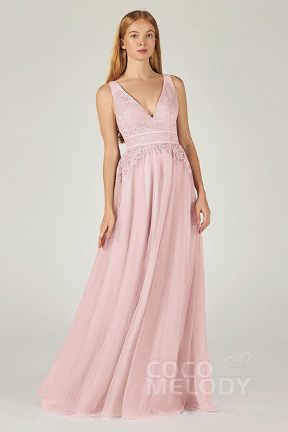 A-Line Floor Length Tulle Lace Bridesmaid Dress CB0379
