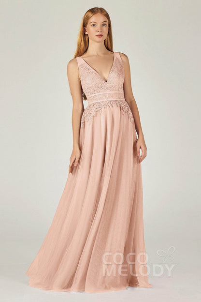 A-Line Floor Length Tulle Lace Bridesmaid Dress CB0379
