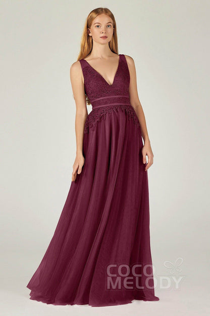 A-Line Floor Length Tulle Lace Bridesmaid Dress CB0379