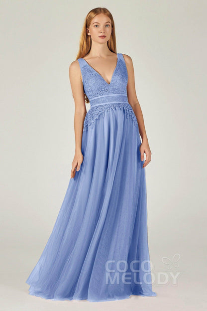 A-Line Floor Length Tulle Lace Bridesmaid Dress CB0379