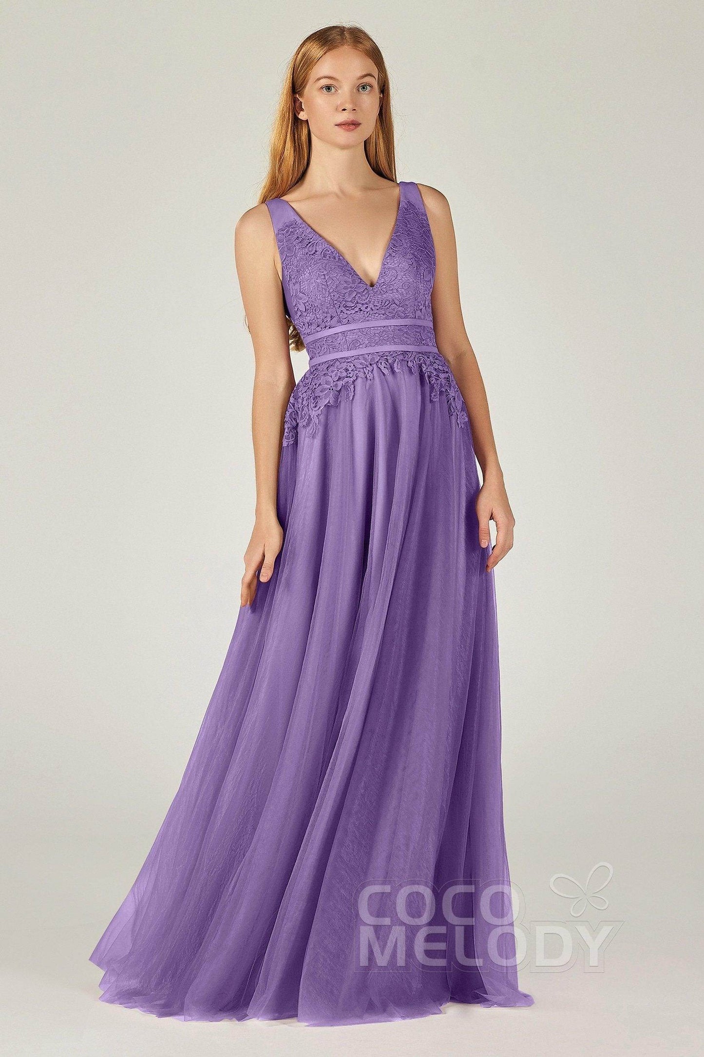 A-Line Floor Length Tulle Lace Bridesmaid Dress CB0379