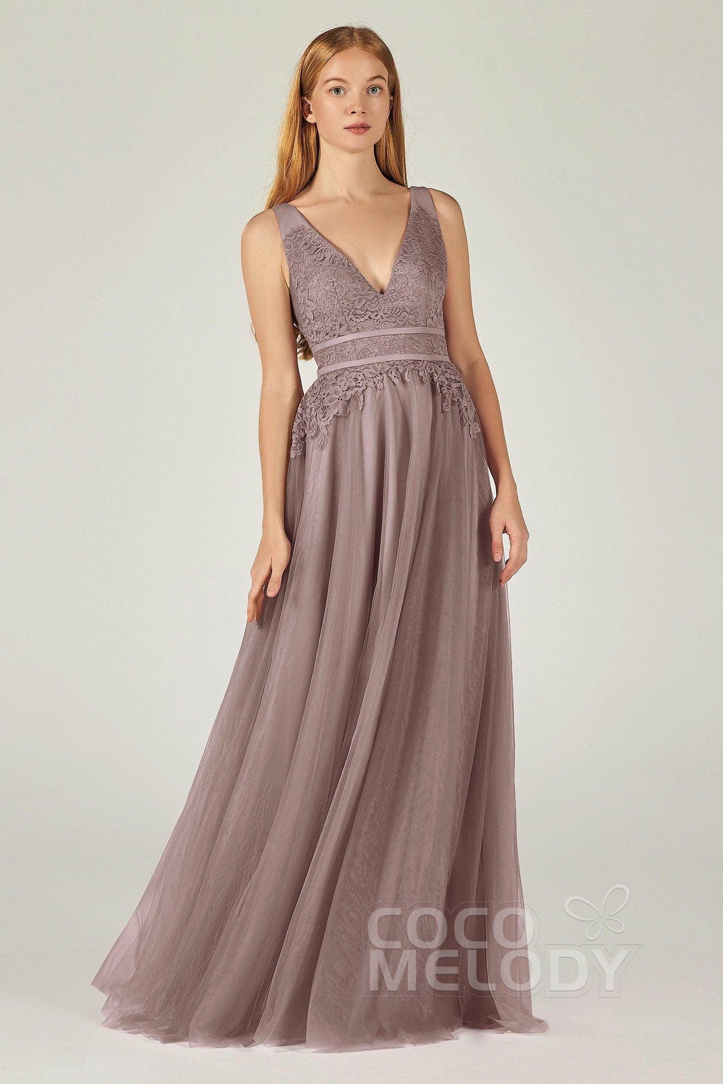 A-Line Floor Length Tulle Lace Bridesmaid Dress CB0379