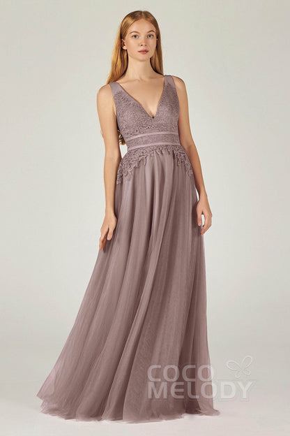 A-Line Floor Length Tulle Lace Bridesmaid Dress CB0379