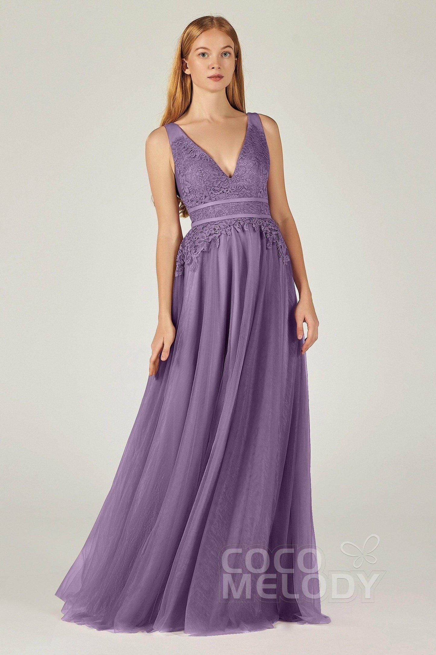 A-Line Floor Length Tulle Lace Bridesmaid Dress CB0379
