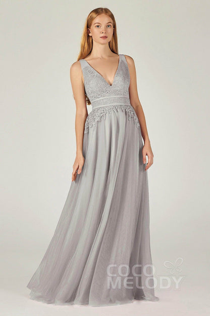 A-Line Floor Length Tulle Lace Bridesmaid Dress CB0379
