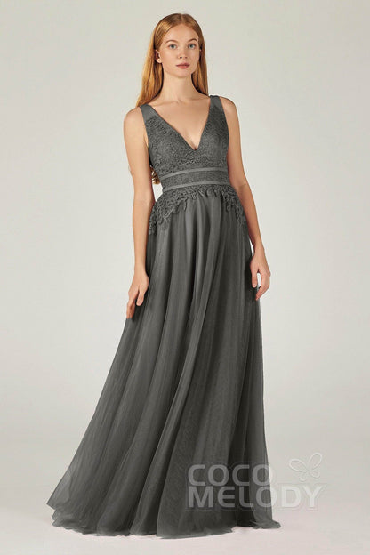 A-Line Floor Length Tulle Lace Bridesmaid Dress CB0379