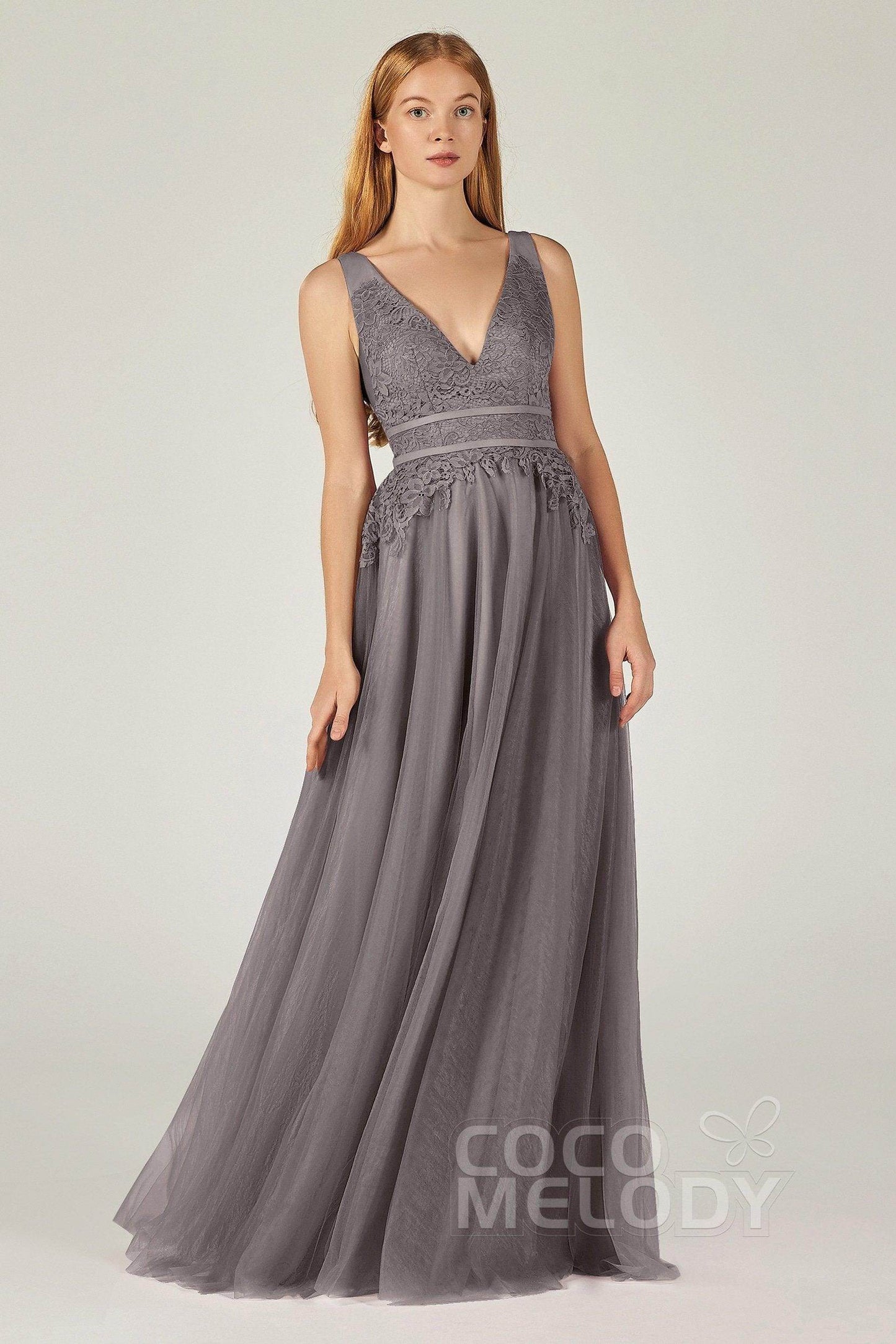 A-Line Floor Length Tulle Lace Bridesmaid Dress CB0379