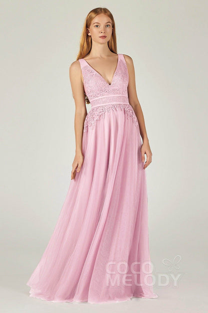 A-Line Floor Length Tulle Lace Bridesmaid Dress CB0379