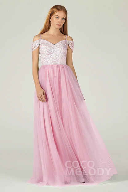 A-Line Floor Length Tulle Lace Bridesmaid Dress CB0384