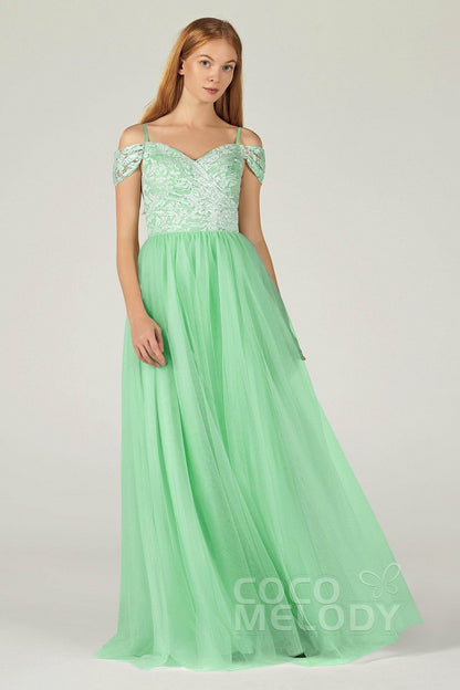 A-Line Floor Length Tulle Lace Bridesmaid Dress CB0384