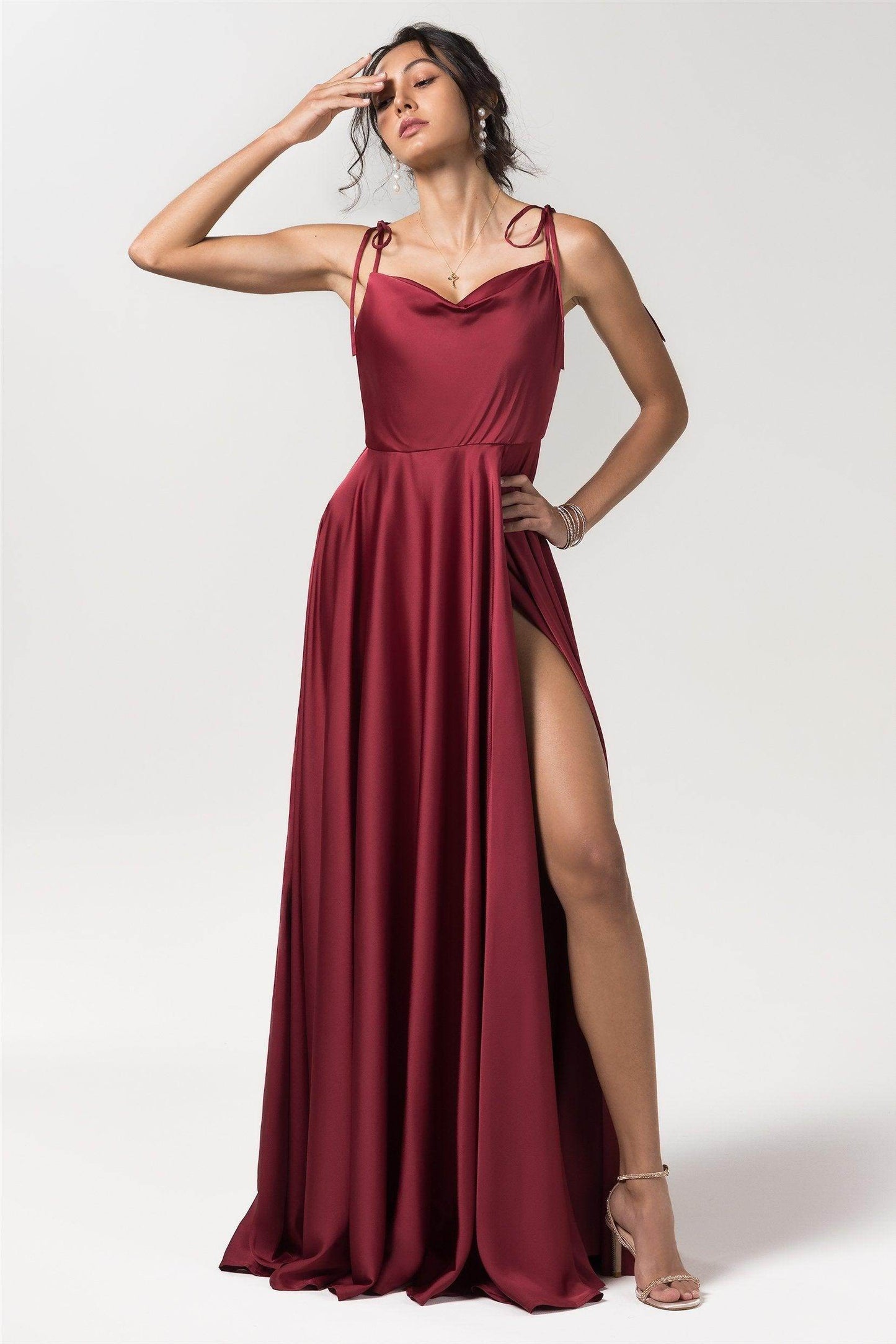 A-Line Sweep-Brush Train Luxe Satin Bridesmaid Dress Formal Dresses CB0620