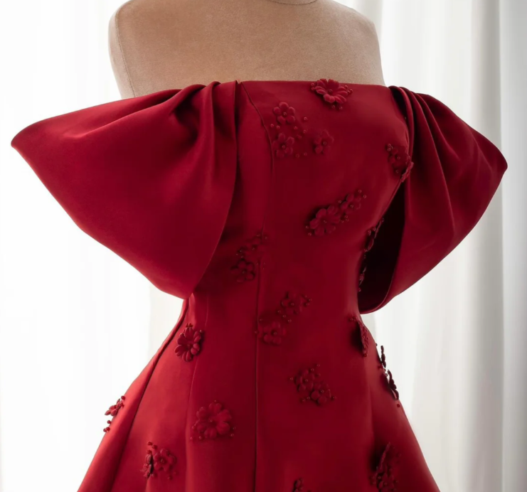 Burgundy Off The Shoulder Satin Appliques Evening Dress Classy Mermaid Party Dress cc1672