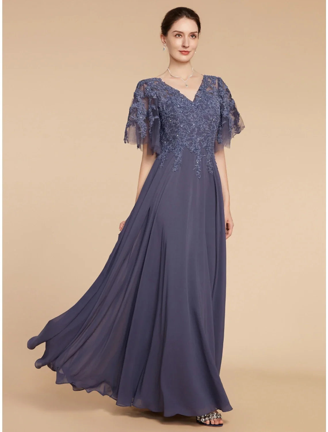 Aimishang  A-Line Mother of the Bride Dress Wedding Guest Elegant V Neck Floor Length Chiffon Lace Short Sleeve with Sequin Ruching Solid Color