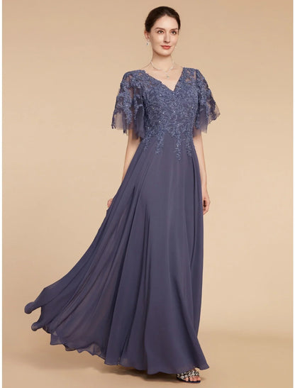 Aimishang  A-Line Mother of the Bride Dress Wedding Guest Elegant V Neck Floor Length Chiffon Lace Short Sleeve with Sequin Ruching Solid Color