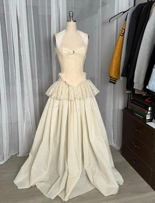 Halter Sleeveless Champagne Lace Train Gown | Fairy Luxury Corset Ruffle Maxi Dress for Gala Ball gh6464