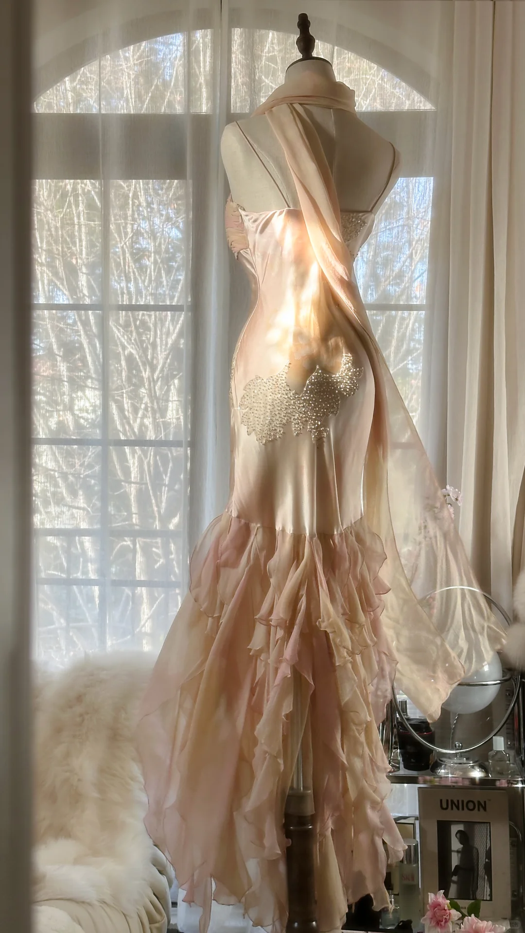 Vintage Mermaid Beaded Floral Design Romantic Chiffon Evening Dress Prom Dress HZ1024