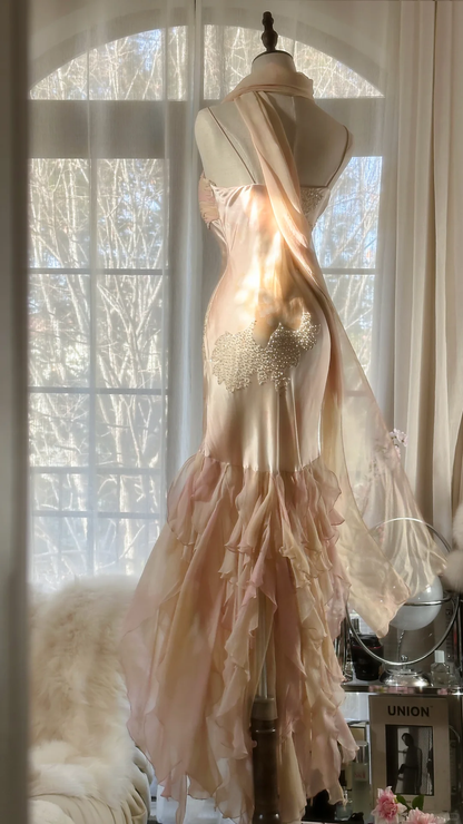 Vintage Mermaid Beaded Floral Design Romantic Chiffon Evening Dress Prom Dress HZ1024
