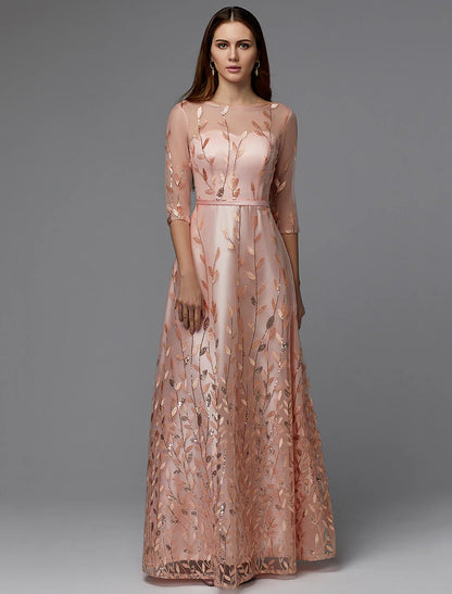 DingjiA-Line Floral Dress Valentine's Day Wedding Guest Floor Length 3/4 Length Sleeve Illusion Neck Bridesmaid Dress Lace with Pattern / Print Appliques