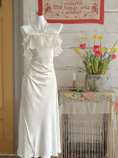 Vintage Ivory Strapless Prom Dress Sheath Ruffled Evening Gown Chiffon Party Dress Long Formal Dress HZ1024