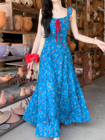 New Fashion Blue Floral Design A-line Square Collar Beach Holiday Sleeveless Dress HZ1024