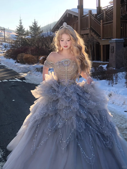 Gorgeous Glittering Sequined Beaded Off-the-shoulder Tulle Sweet 16 Quinceanera A-Line Evening Dress Ball Gown HZ1024