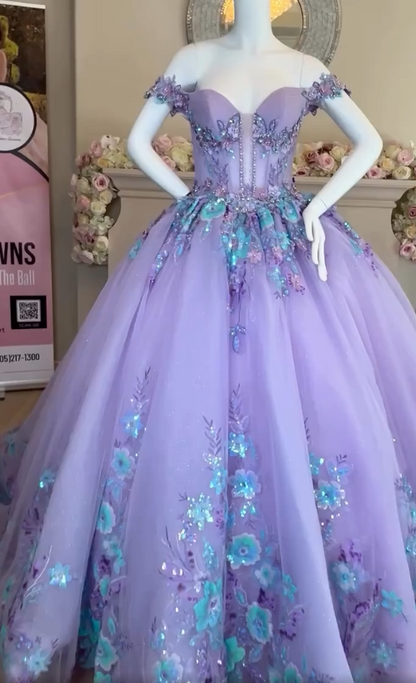 Vintage Lilac Sequin Sweetheart Off-the-shoulder Sweet 16 Quinceanera A-Line Floor-length Prom Dress Birthday Dress Evening Dress Ball Gown HZ1024