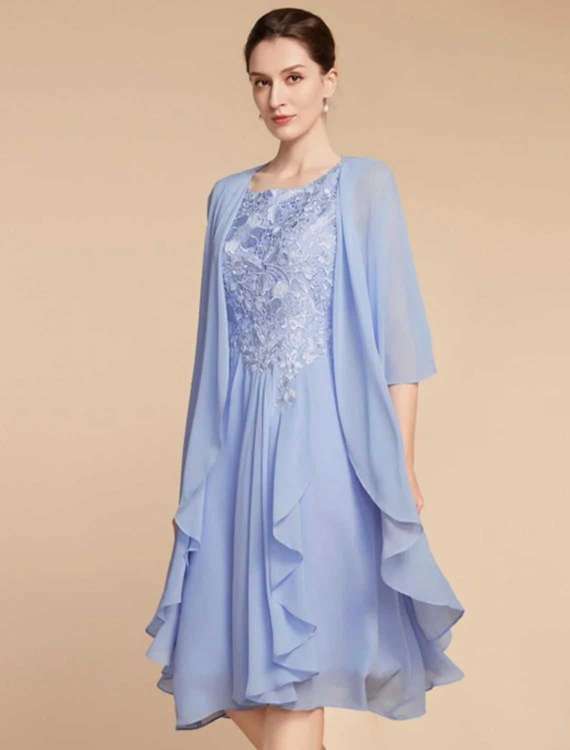 Aimishang  Two Piece Sheath / Column Mother of the Bride Dress Wedding Guest Elegant Petite Scoop Neck Knee Length Chiffon Lace Half Sleeve with Ruching Solid Color