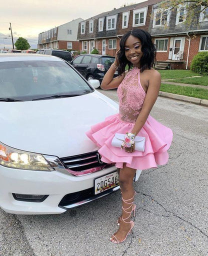 Pink Short Homecoming Dress With Top Lace