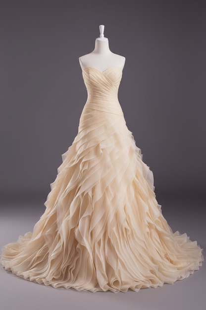 Pink A-Line Strapless Sweetheart Tiered Wedding Gown with Train