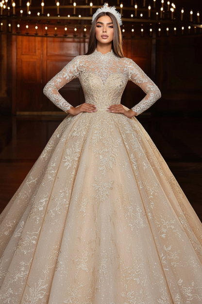 Glitter Appliques Lace Beaded A-Line Wedding Dress Long Sleeves