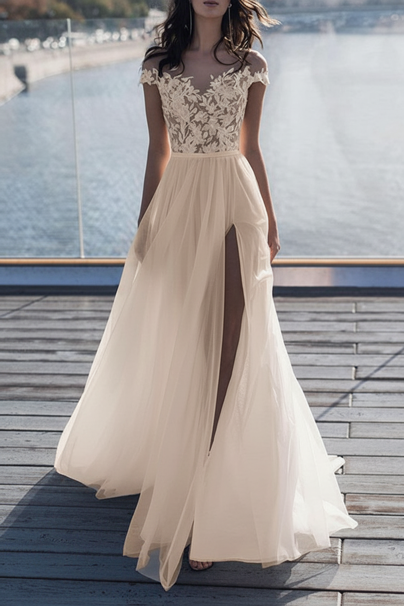 Off The Shoulder Boho Wedding Dresses Lace Short Sleeve Split Front Bridal Dress With Train