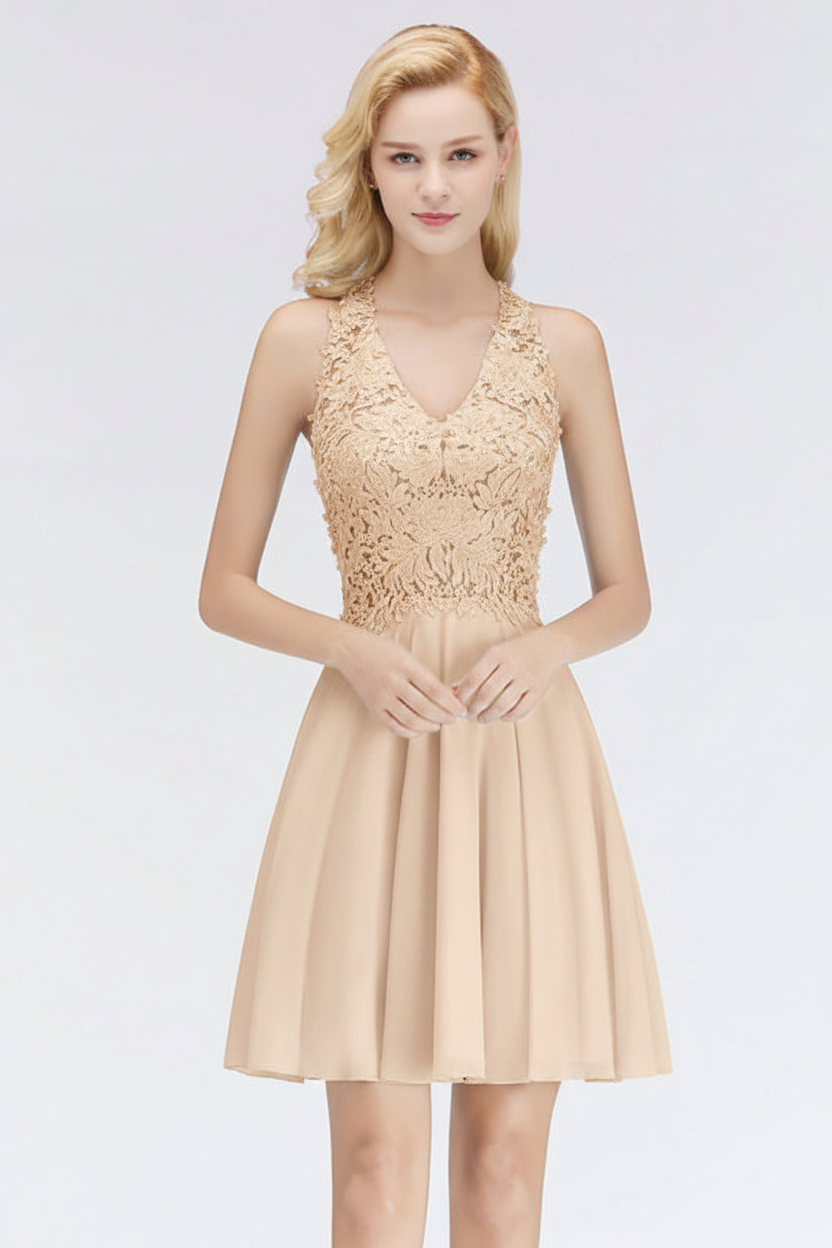 V-Neck Knee Length Floral Lace Birdesmaid Dresses