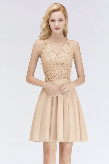 V-Neck Knee Length Floral Lace Birdesmaid Dresses