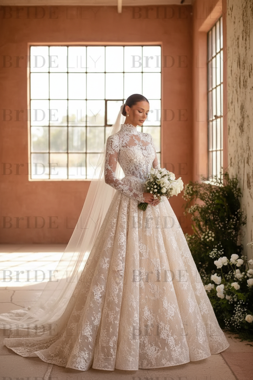 Elegant High Neck Long Sleeves  A-Line Appliques Lace Wedding Dress