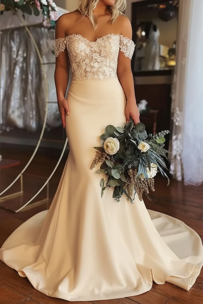 Elegant Off Shoulder Mermaid White Lace Long Wedding Dresses Formal Dresses