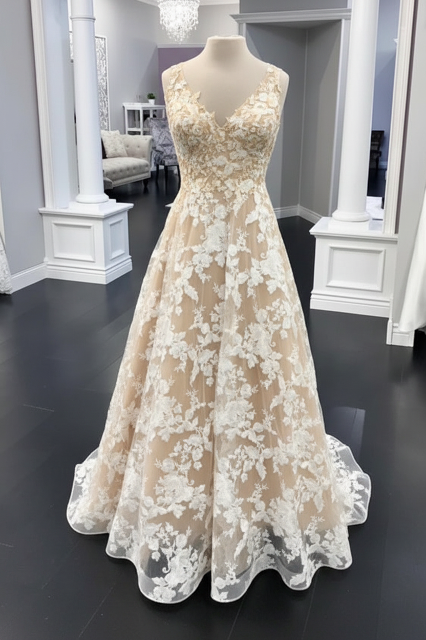 White Floral Lace Wedding Dress A Line V Neck Bridal Dress Sleeveless