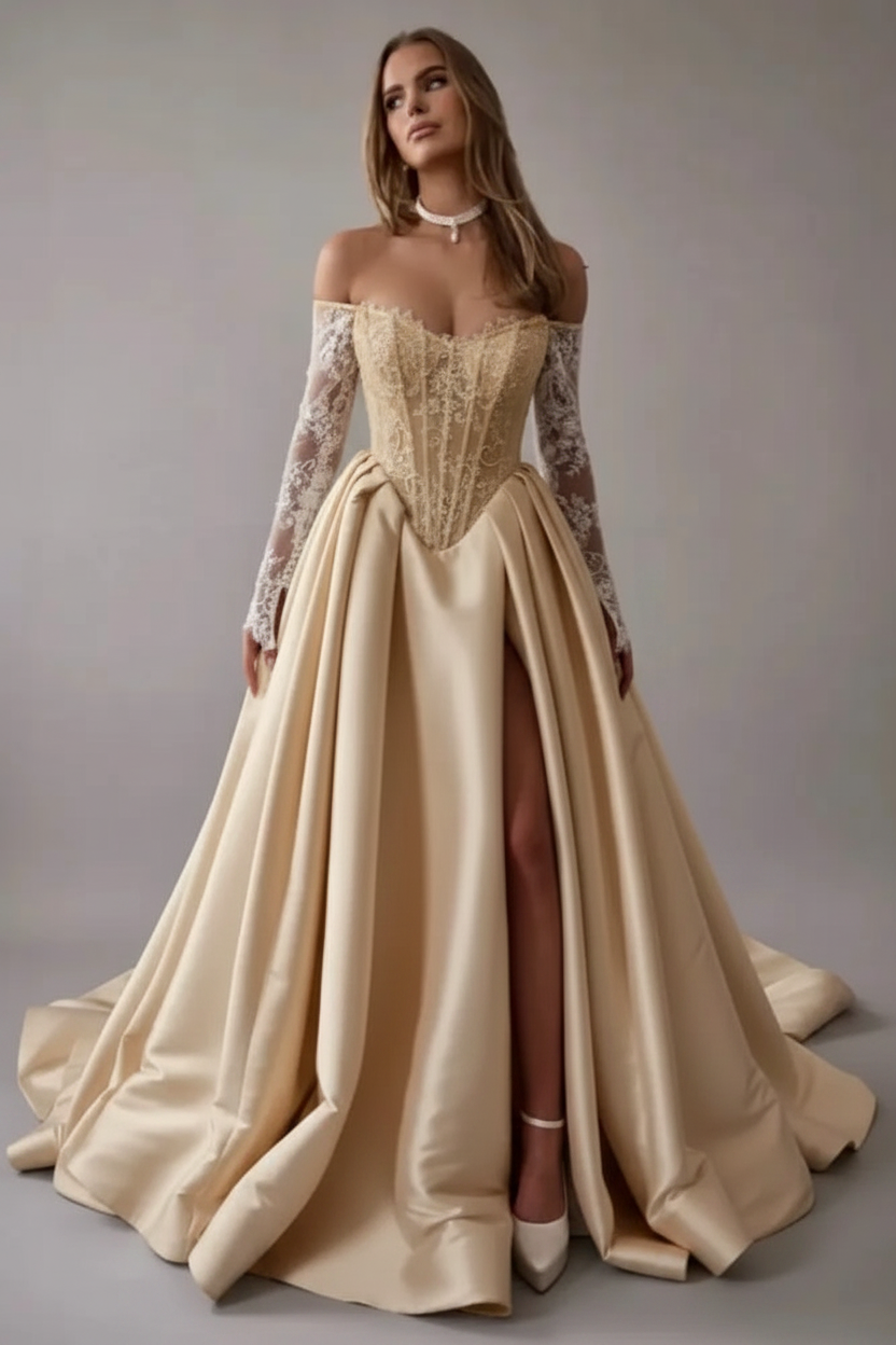 Gorgeous Off-the-Shoulder Satin Aline Wedding Dresses Front Split Long Sleeves Bridal Gown