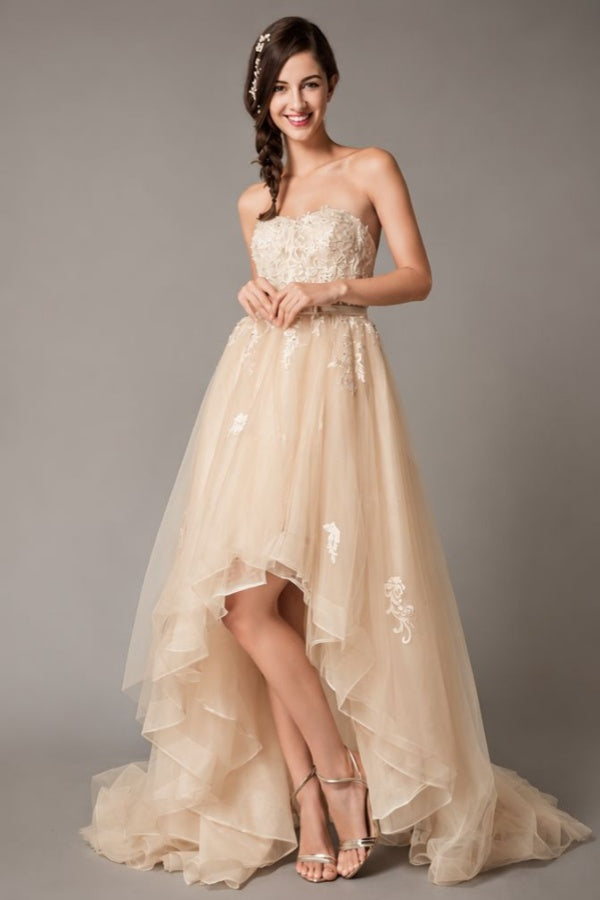 High Low Wedding Dresses Strapless Lace Tulle Bow Sash Asymmetrical Summer Beach Bridal Dress