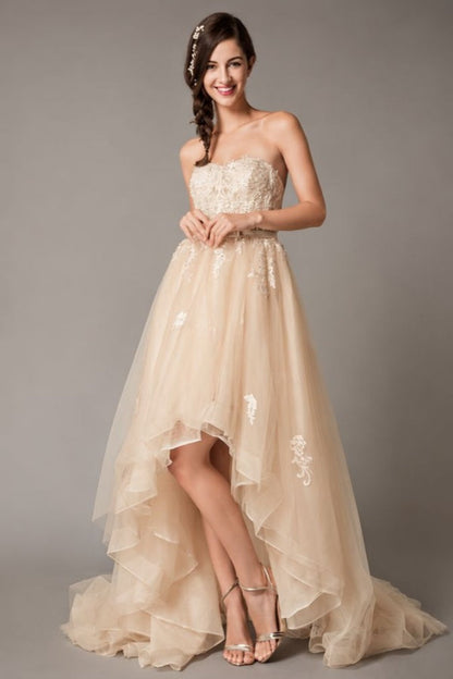 High Low Wedding Dresses Strapless Lace Tulle Bow Sash Asymmetrical Summer Beach Bridal Dress