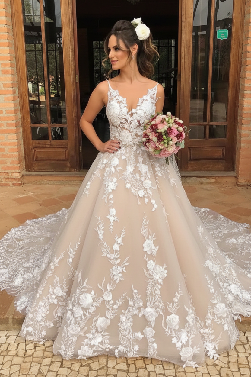 V Neck White Lace Aline Wedding Dress Sleeveless Tulle Ball Gown with Appliques