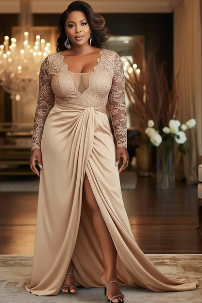 V-Neck Black Mother of the Bride Dress Long Sleeves lace Front Slit Wedding Guest Dress